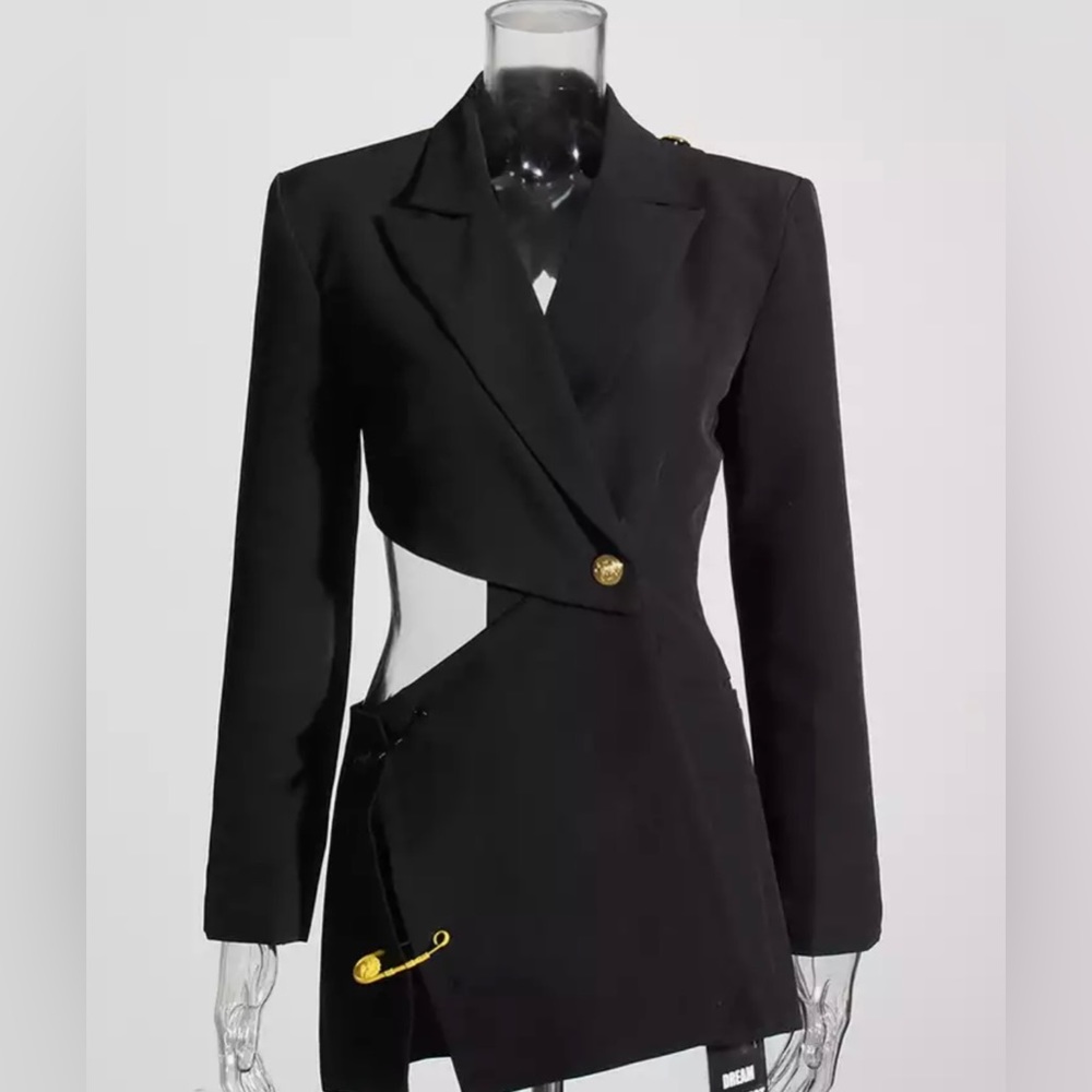 Black backless blazer dress with pins